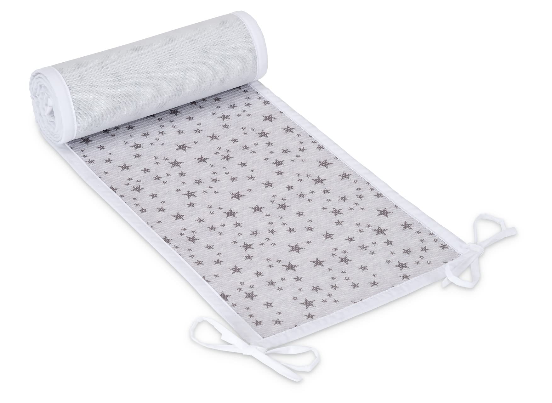 FabiMax Baby Beistellbett für Boxspringbett, TÜV geprüft 2022, inkl. Matratze und Nestchen aus Netzstoff, Buche massiv grau/Natur, Comfort/graue Sterne auf weiß