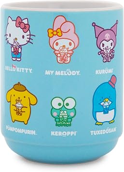 Hello Kitty Sanrio and Friends Drinking Boba Character Grid Asian Ceramic Tea Cup | Traditional Japanese-Inspired Mug Without Handle | Holds 9 Ounces