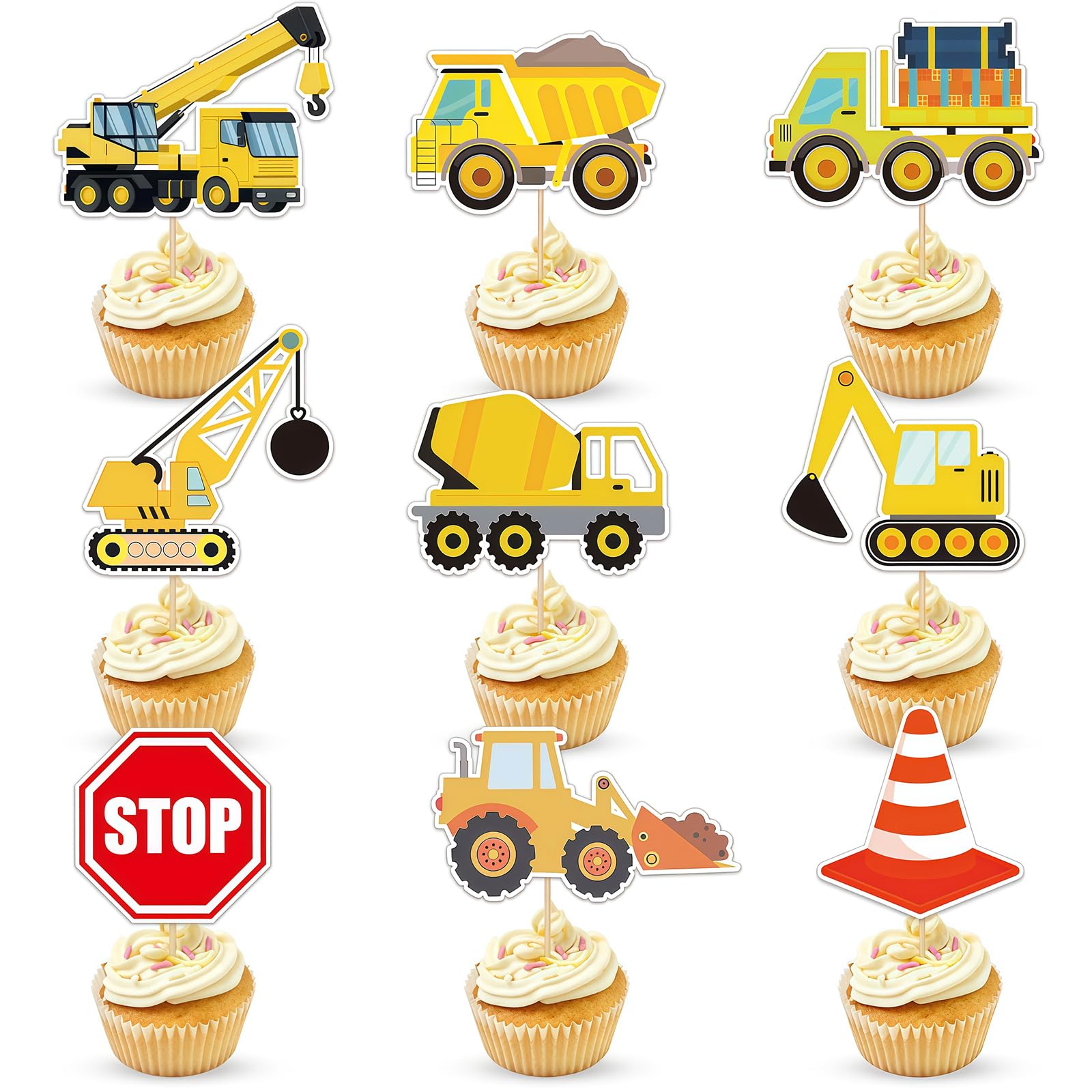 CharmeFleur 27 Pcs Construction Site Cupcake Decoration Dump Truck Tractor Stop Sign Part Cake Decor For Construction Theme Kids Birthday Decor Baby Shower Birthday Sign
