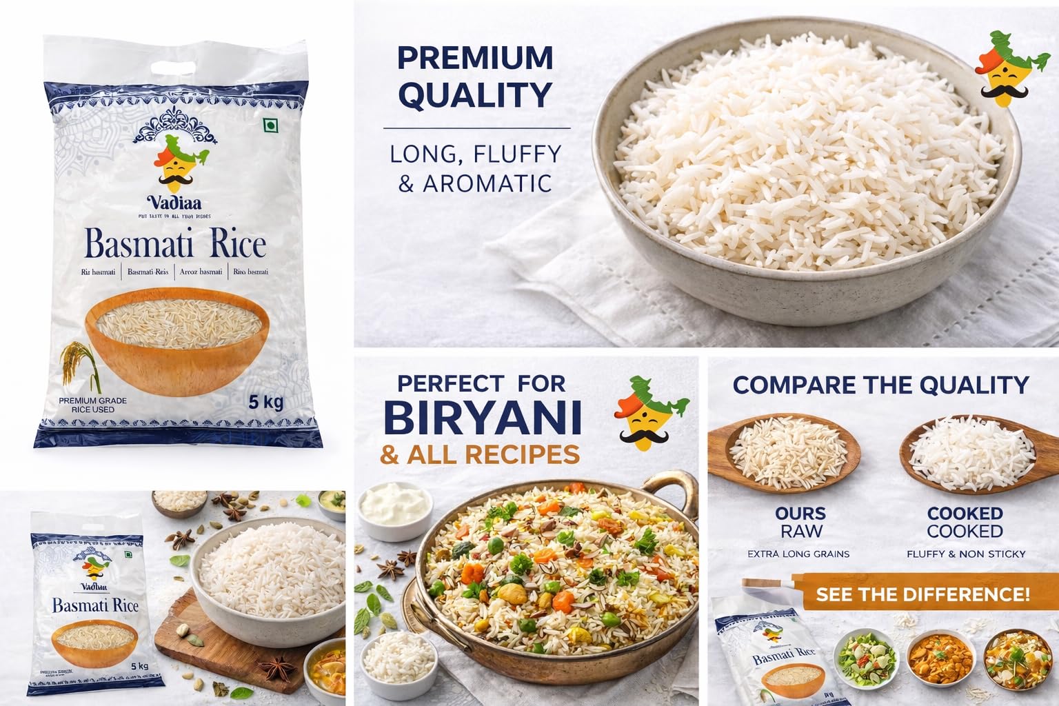 Vadiaa Riz Basmati 1121 Premium 5 kg – Grains Extra Longs | Texture légère, grains séparés, parfum délicat, sélection du Pendjab, usage familial et restauration