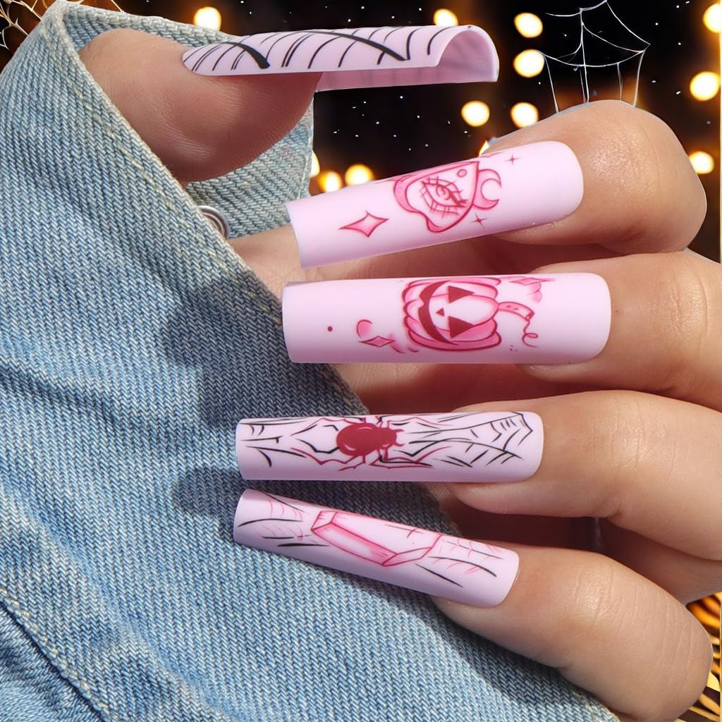 Aegenacess Extra Long Square Press On Nails - Spooky Design