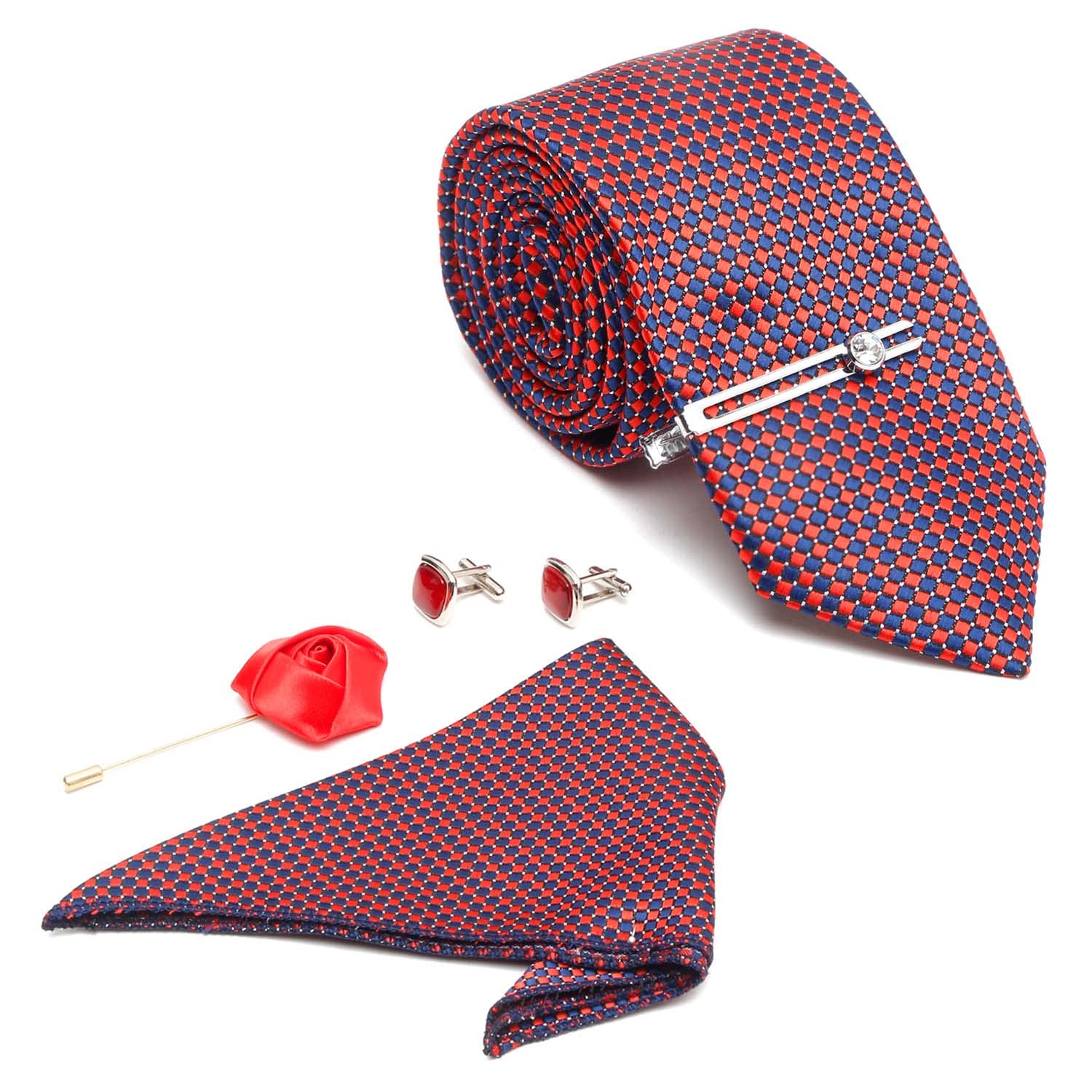 MUTAQINOTIMens Woven Premium Silk Necktie Gift Combo Set With Pocket Square Cufflinks Brooch Chrome Tiepin (TECOMBO)