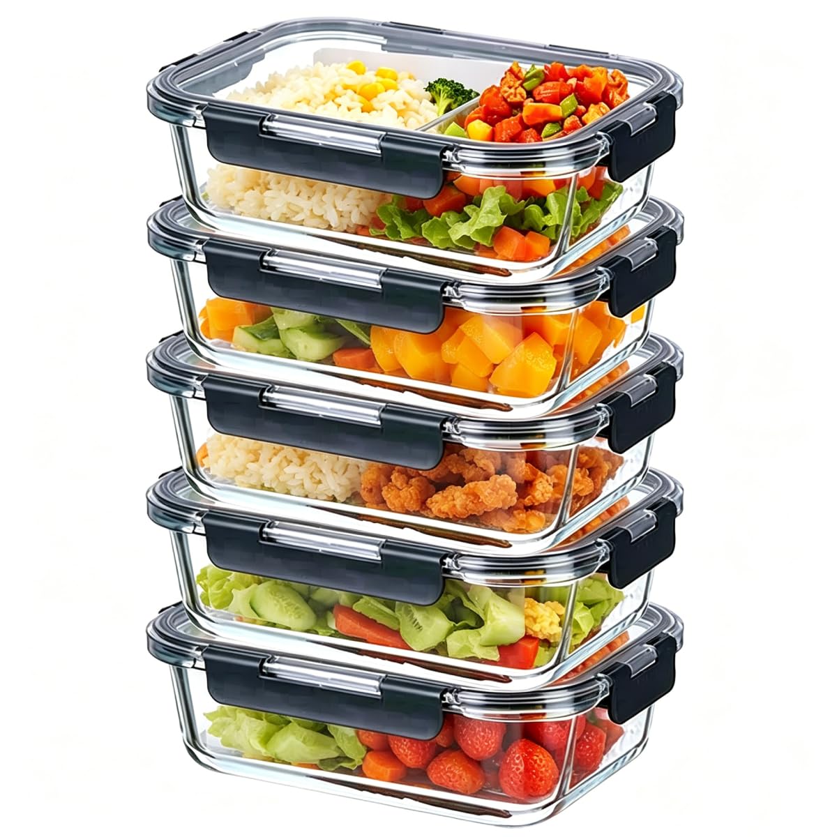Pykrudo Glass Storage Containers With Lids, 5PCS 1040ML Glass Food Containers With Lids,Airtight and Reusable for Soup, Lunch, Salad, Leftovers Black