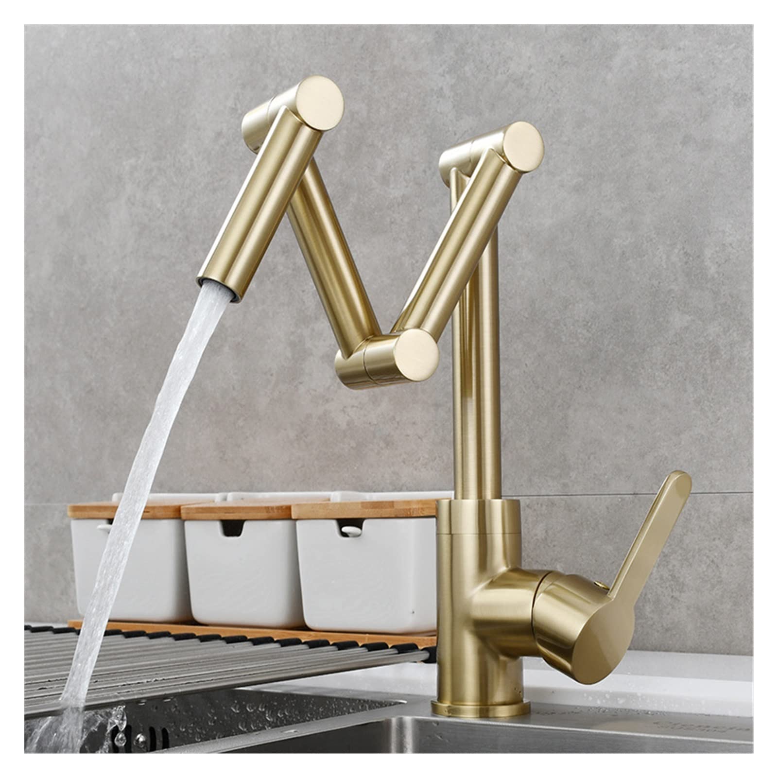 Copper Folding Kitchen Faucet Wash Basin Sink Retractable Hot and Cold Faucet Sitting Universal Rotating Faucet Easy to Install(Brushed Gold)