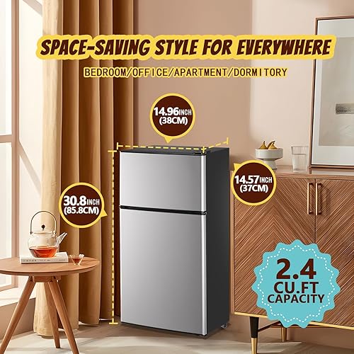 Miniatura 7 de Mini refrigerador de 2.4 pies cúbicos con congelador, refrigerador de doble puerta para dormitorio personal Senven Temp Gear Suit para apartamento,