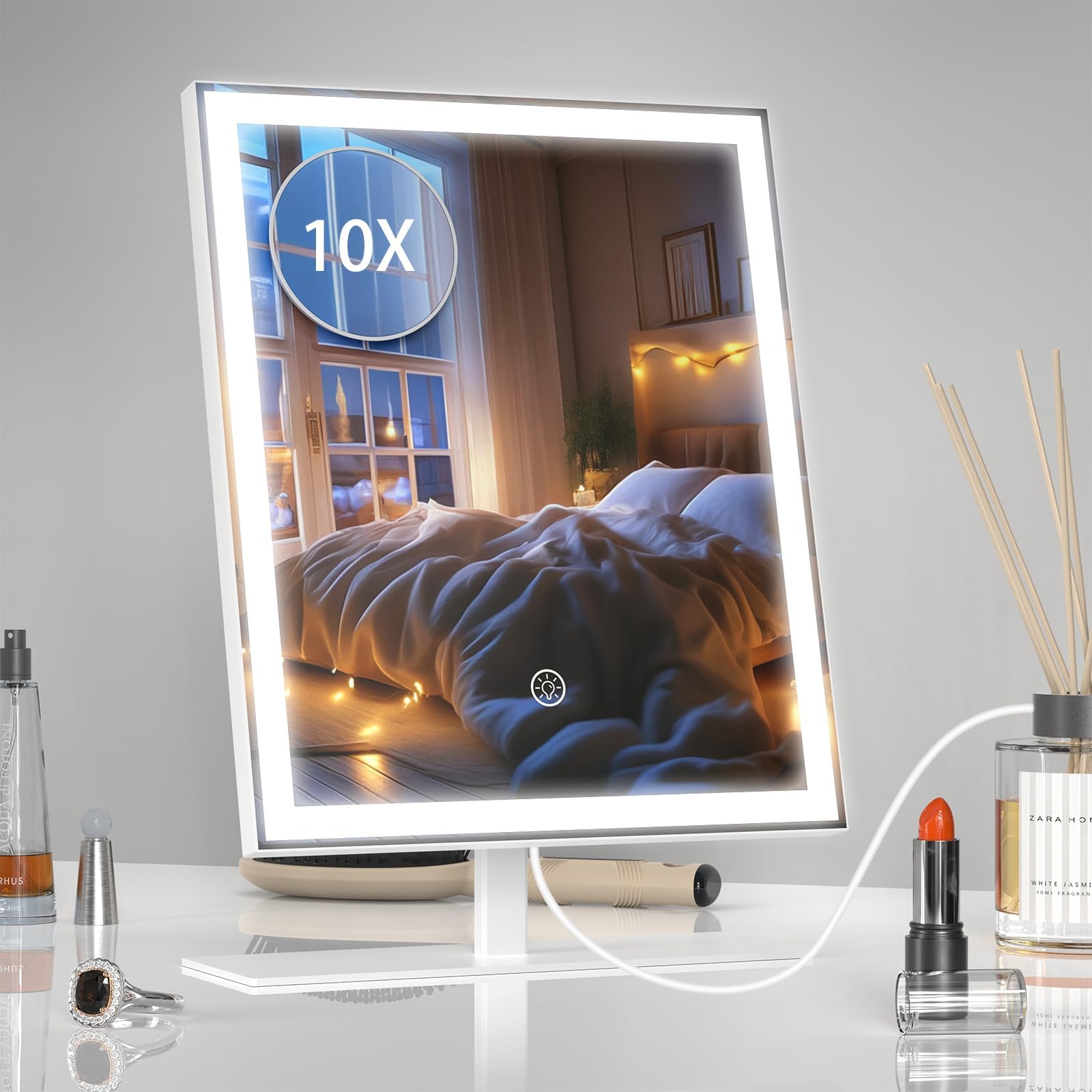 Makeup Mirror with Lights, Dimmable Hollywood Lighted Make Up Mirror, Vanity Mirror with Lights, 3 Color Lighting, Detachable Magnetic 10X Magnification Mirror, Touch Control, 13.5" H x 10" W