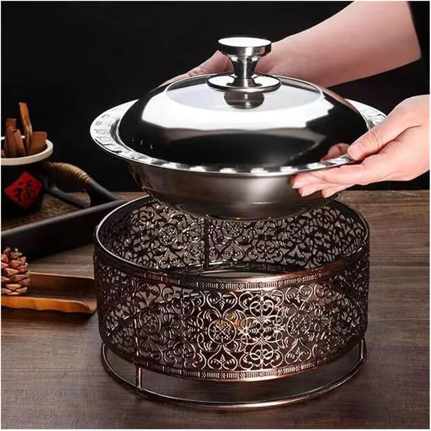 Chinese Copper Hot Pot, Shabu Shabu Hot Pot with Divider, Chinese Pot Cooker Stainless Steel Hot Pot Cookware for 3-7 People Home Party(28cm)
