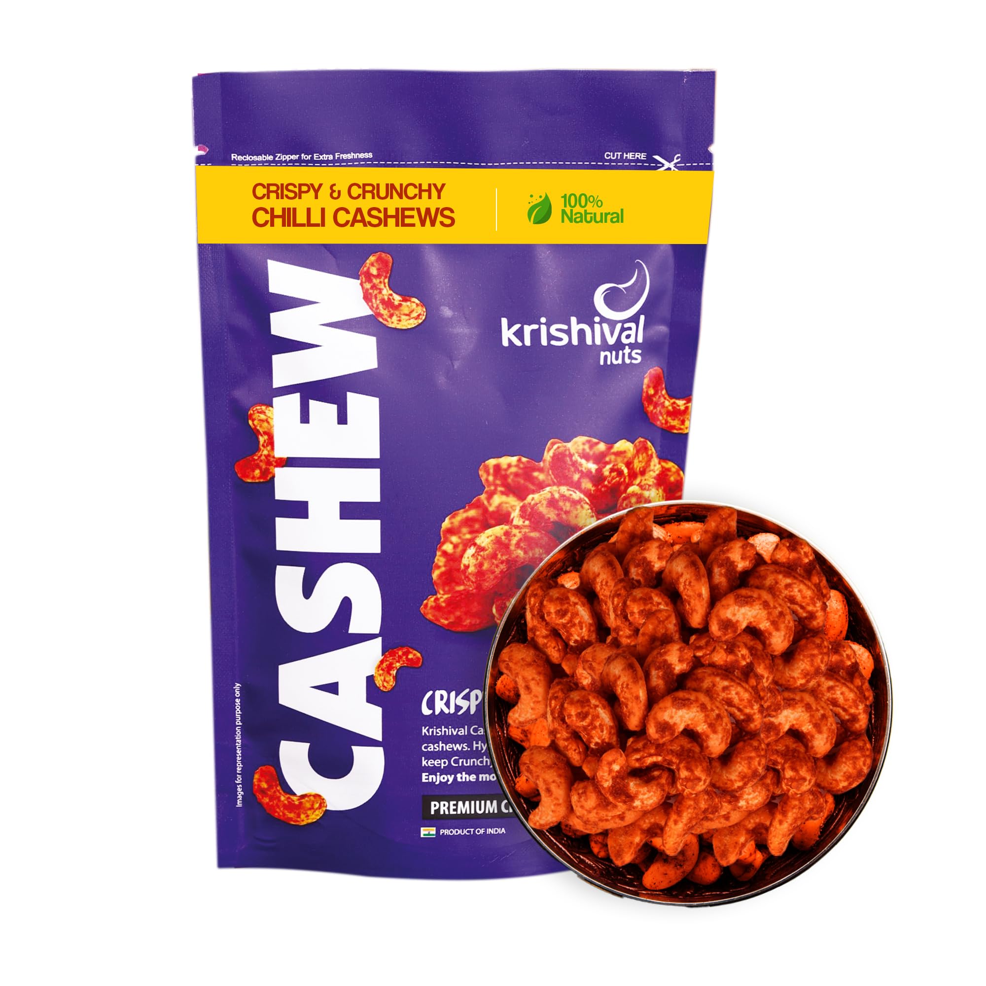 Krishival Nuts Chilli Cashews | Chilli Flavored | High Fiber & Rich In Protein | 250 Grams (Pack of 1 Each) | Zero Preservatives | Nutritious & Delicious Nuts