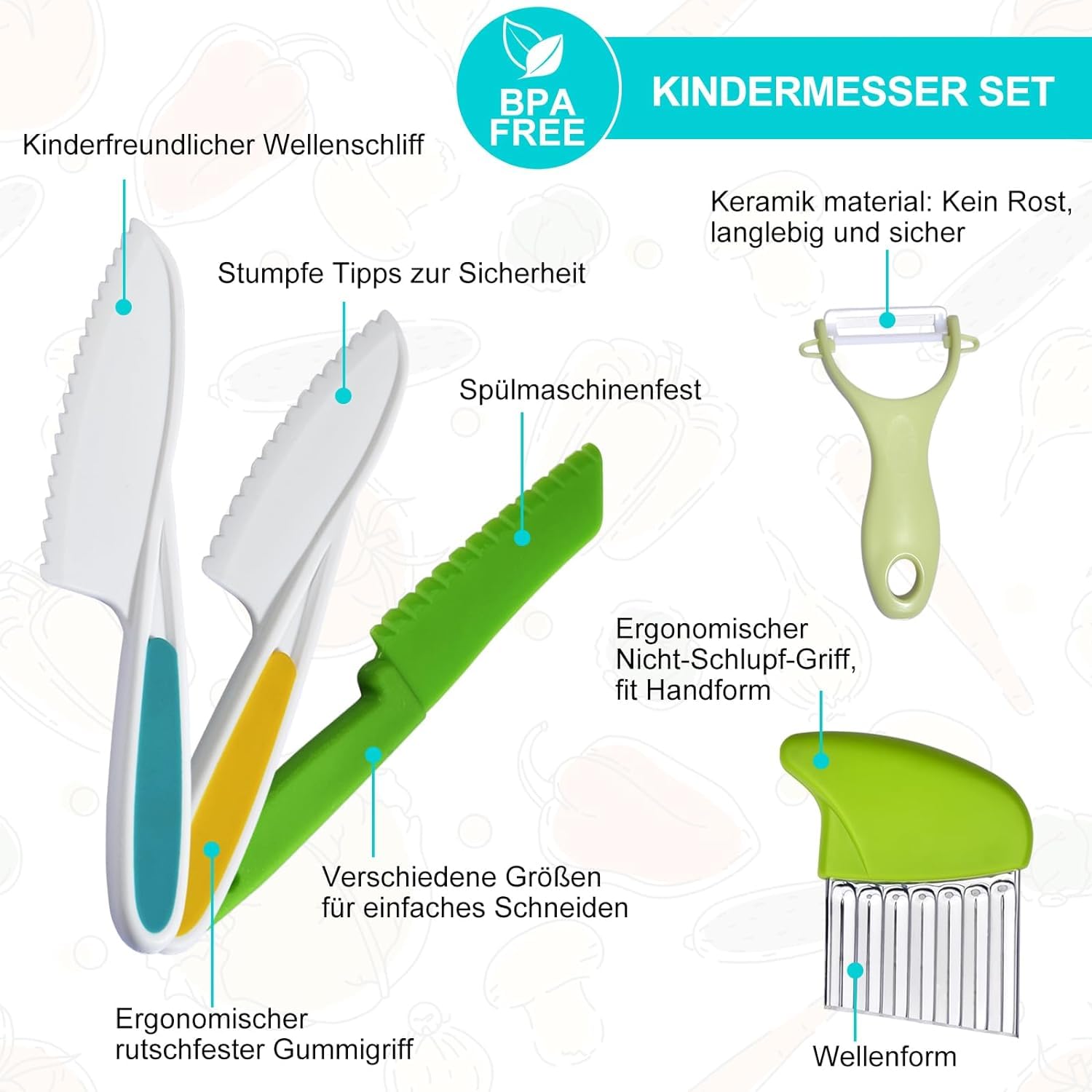 GALEPEE Set Di Coltelli Da Cucina Per Bambini – 5 Pezzi: 3 Coltelli Di Sicurezza, 1 Coltello Ondulato E Tagliere – Per Imparare A Tagliare In Sicurezza