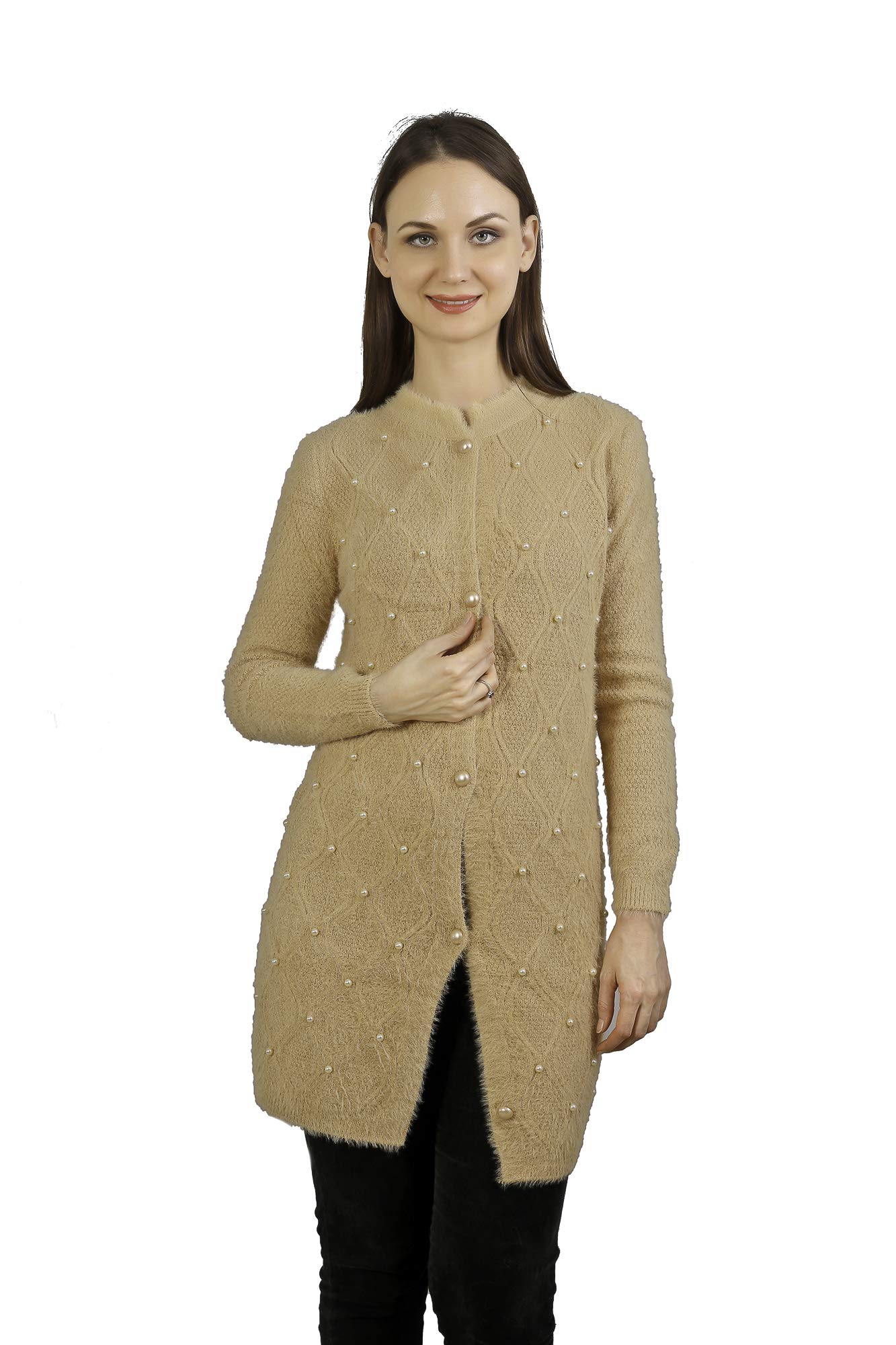 MANRAWomen Woolen Round Neck Solid Long Cardigan (EG-CWCL-HN9T__free size)