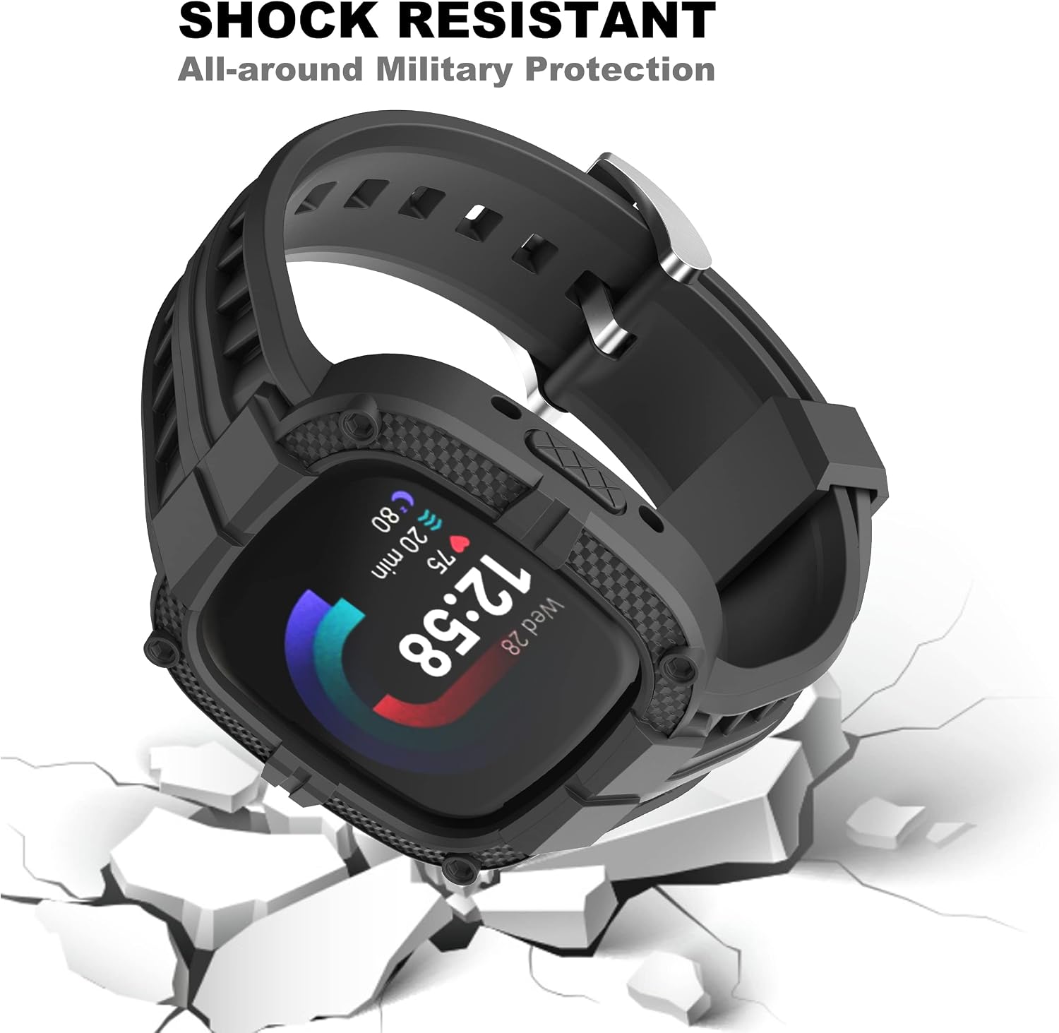 Compatible for Fitbit Versa 4/ Fitbit Sense 2 Bands Men, Rugged Protective Case with TPU Sport Band Smartwatch Wristband Black