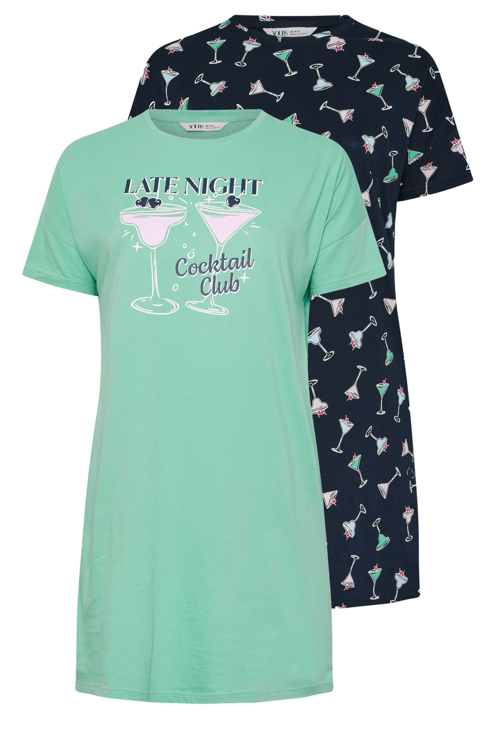 Yours Women's Green 2 Pack Cocktail Print Sleep Tee Nightdresses In Size 22-24