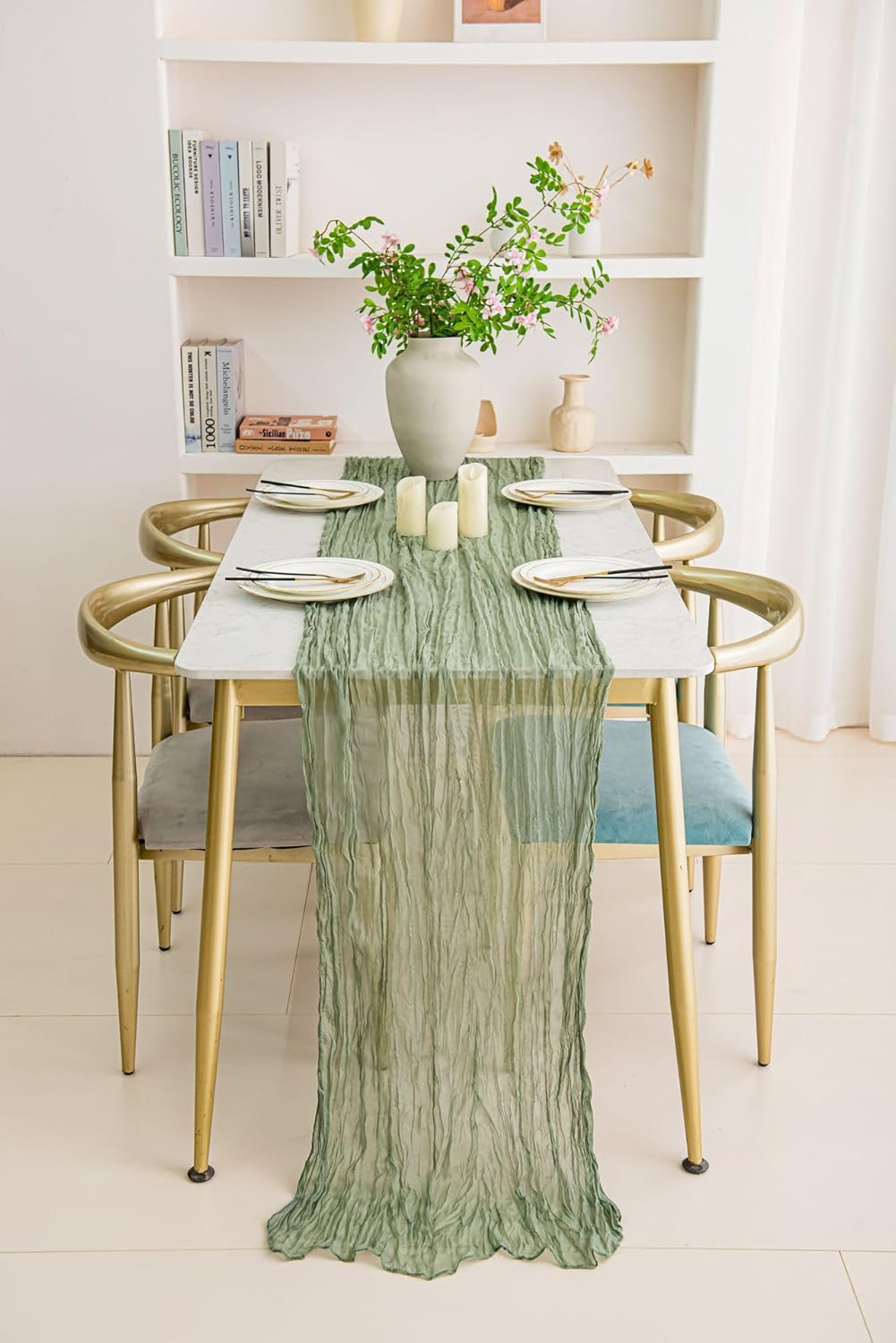 12 Pack Sage Green 10Ft Cheesecloth Table Runner 21x120 Inch Boho Wrinkled Sheer Romantic Gauze Decor for Wedding, Bridal Shower, Birthday Party