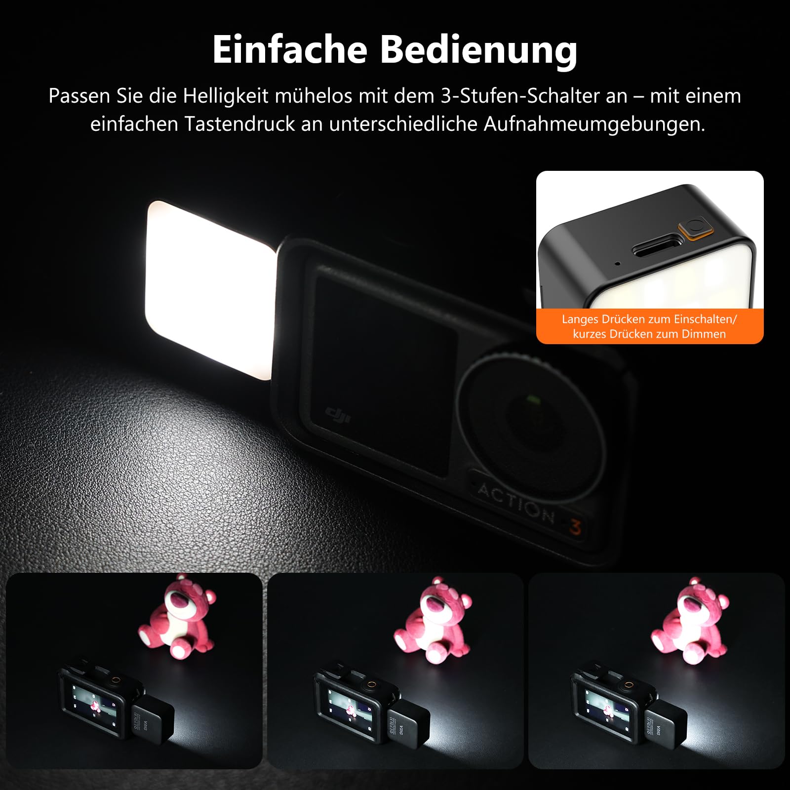 VRIG FD-02 Mini luz magnética de vídeo con parche de metal para DJI Osmo Pocket 3, 3000K-6000K USB-C cámara de acción luz de llenado para DJI Osmo Action 5 Pro/4/3, Pocket 4 y jaulas (negro)