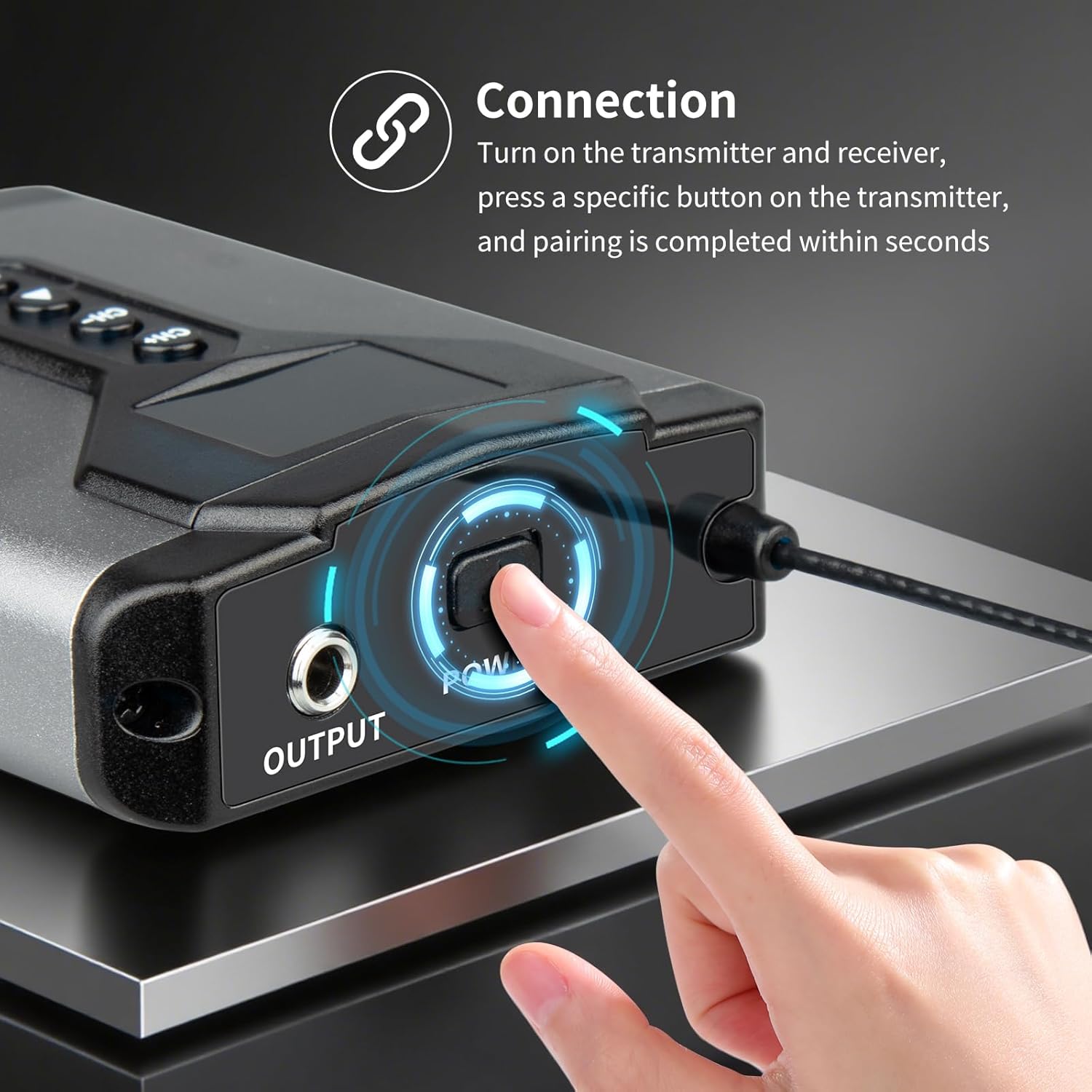 Close-up of the pairing button on the Depusheng T9-2 transmitter.