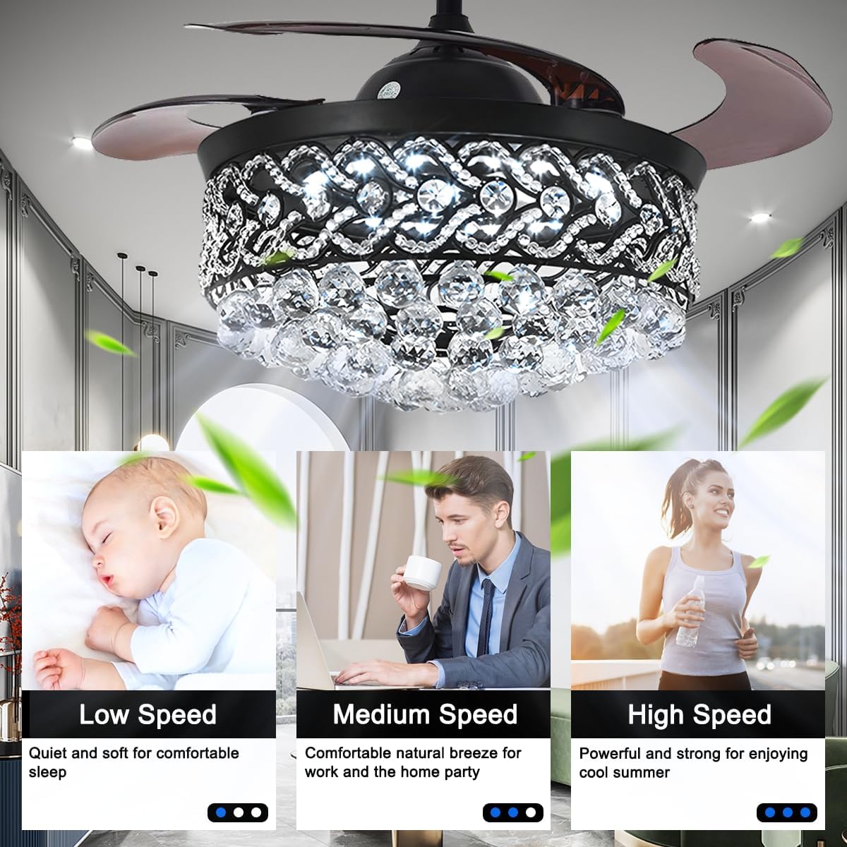42 Inch Crystal Chandelier Ceiling Fan with Remote, Black Invisible Retractable Ceiling Fans with Lights, Modern Luxury Fandelier with 3 Speed 3 Color for Bedroom Living Dining Room