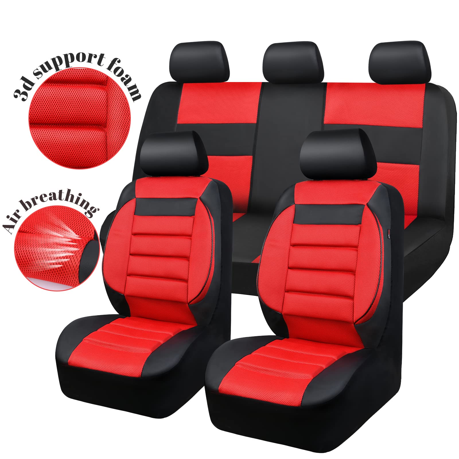 CAR PASS Leather 3D Foam Back Support Car Seat Covers Full Set Air Mesh Automotive Seat Covers, All Season Car Seat Cover Fit Automotive,SUV,Sedan,Van, Airbag Compatible Elegance (Black and Red)