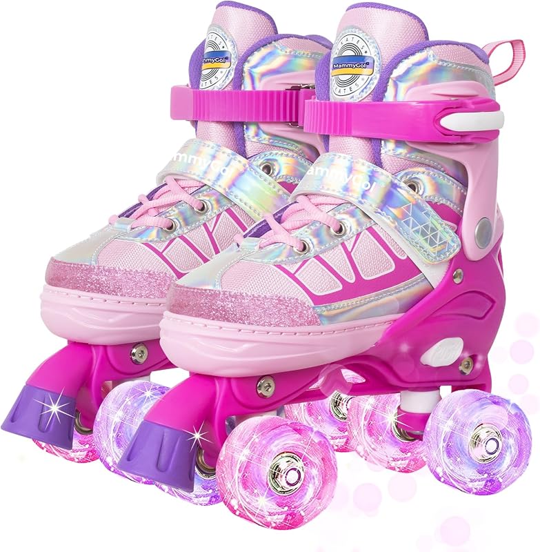 MammyGol Roller Skates for Kids Boys Girls, Adjustable Quad Skates with Light Up Wheels for Toddler Little Kids Ages 6-12, Beginners Outdoor Sports