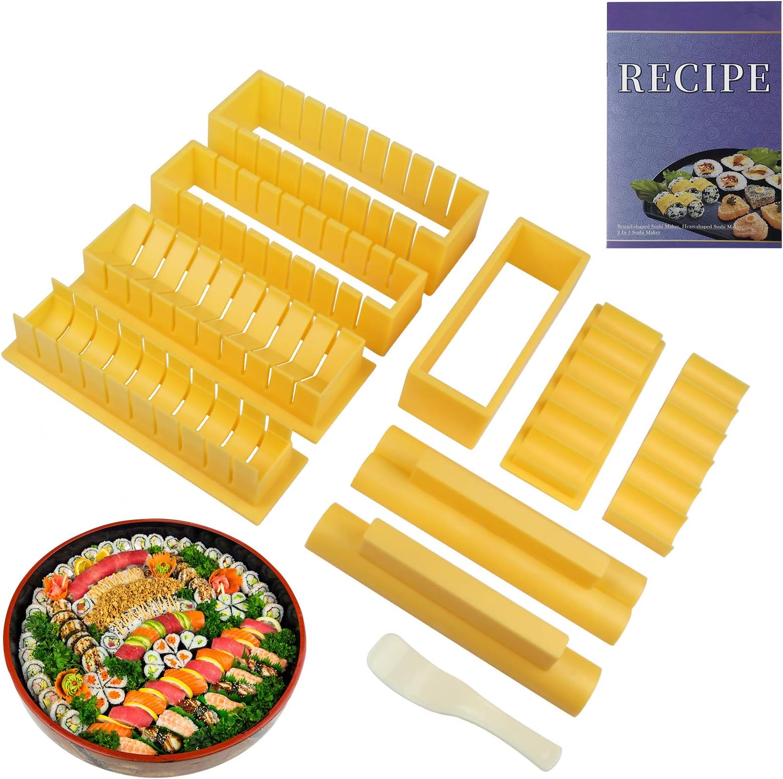 Sushi Making Kit for Beginners with Sample Recipe, Deluxe Edition Thick DIY Sushi Maker Mold, 3 sets 10 PCS Easy to Use Sushi Kit Tool with Spatula. Rice Roll Maker, Musubi and Oshi Maker.