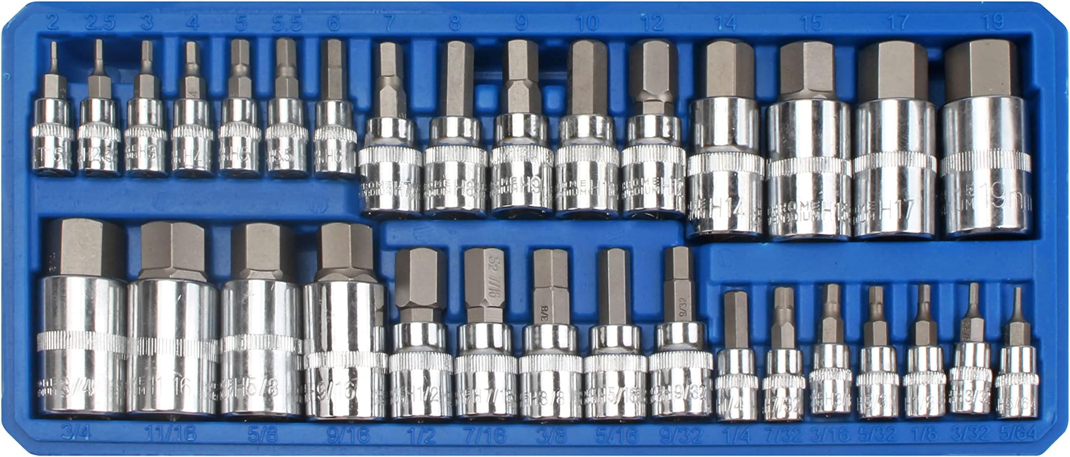 Blue Spot Tools 32 PCE 1/4" 3/8" & 1/2" Hex Bit Socket Set (2-19mm) (1/4"-9/16")
