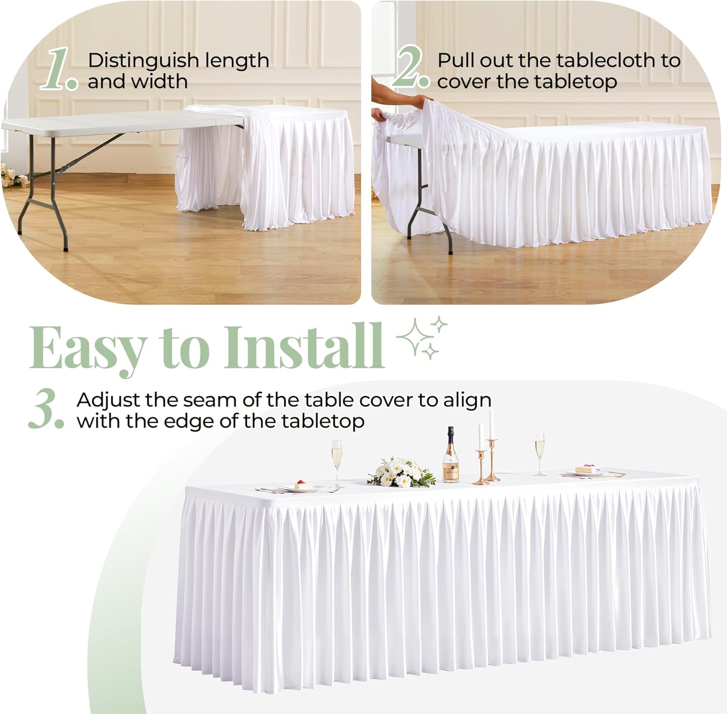 White Satin Tablecloths Rectangle 8FT, Glitter Spandex Fitted Stretch Table Covers Wrinkle-Free Floor Length Shimmer Table Skirt for Weddings Parties Baby Shower Banquets Vendor Events
