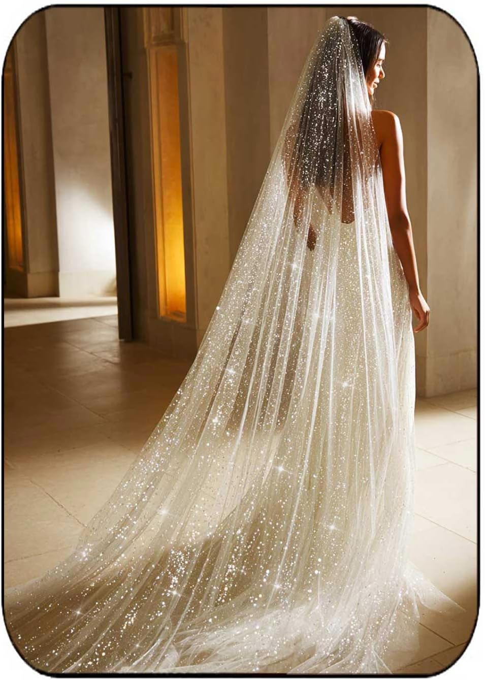 EASEDAILY Glitter Bride Wedding Veil Ivory Long Sparkle Cathedral Length 1 Tier Bridal Tulle Veils with Comb for Women