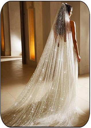 Glitter Bride Wedding Veil Ivory Long Sparkle Cathedral Length 1 Tier Bridal Tulle Veils with Comb for Women