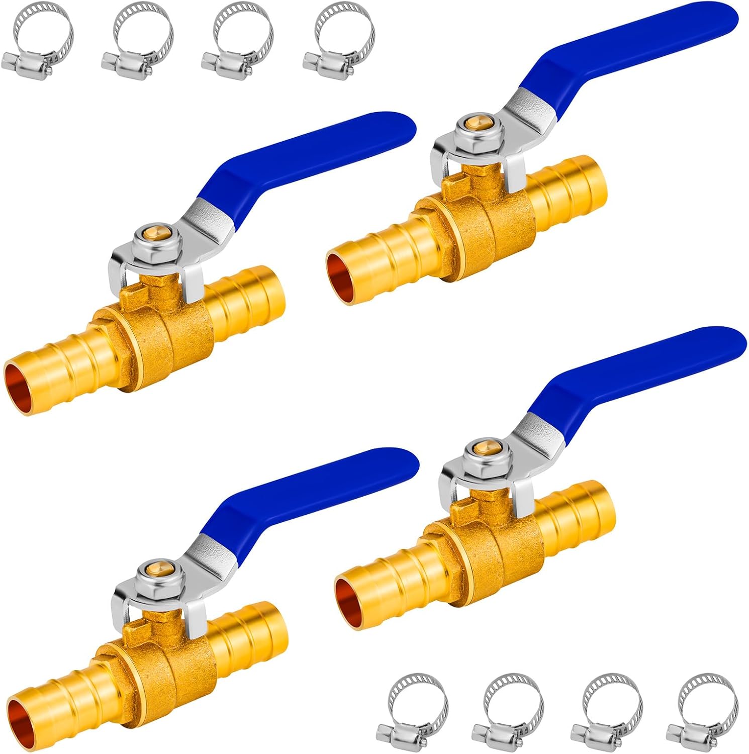 Brass 4-Pack Hose Barb Ball Valve 5/8" Heater Hose Shut Off PEX Valve with Stainless Steel Clamps - High Temperature Resistance, Fluid Control for Water, Oil, Gas, Fuel Systems (4-Pack 5/8'' Valve)