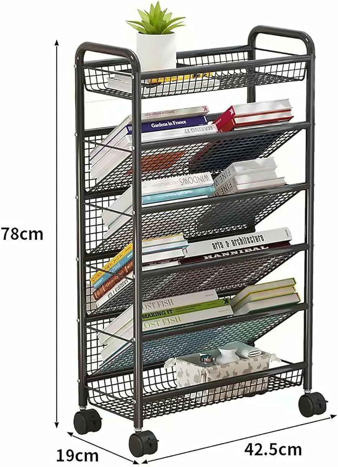 Mobile Bookshelf,Mobile Metal Book Cart with Wheels - Compact Rolling Storage Shelf for Home & Office, Corner Bookshelf Utility Cart for Easy Access to Books & Supplies