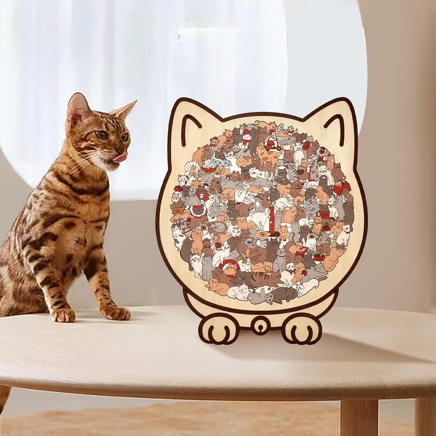 135-Piece Morandi-Colored Cat Shaped Wooden Jigsaw Puzzle, Wooden Cat Puzzle for Adults, Family Education Game，Home Decor