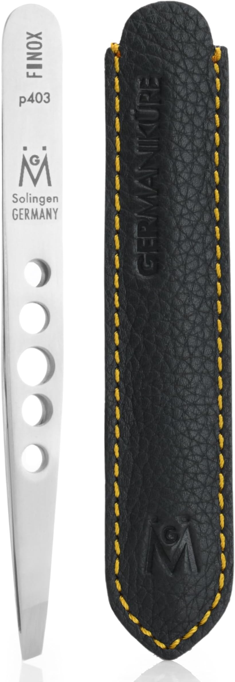 GERmanikure Slanted tweezers in leather, FINOX surgical stainless steel slant tip eyebrow tweezer. German fine hair remover, Solingen