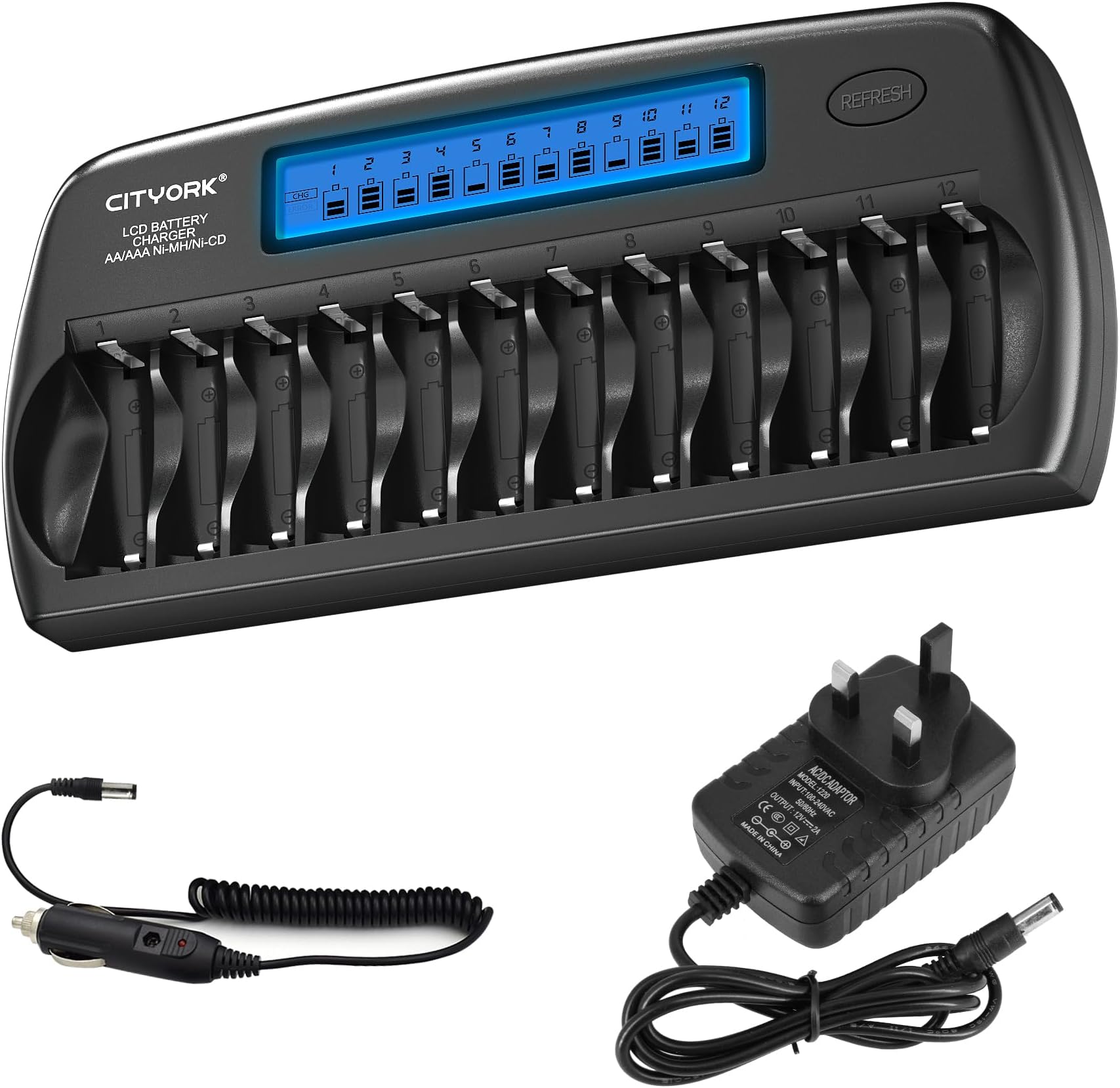 CITYORK 12 Bays Smart Battery Charger, AA, AAA, Ni-MH, Ni-CD Rechargeable Batteries Charger with Intelligent LCD Display