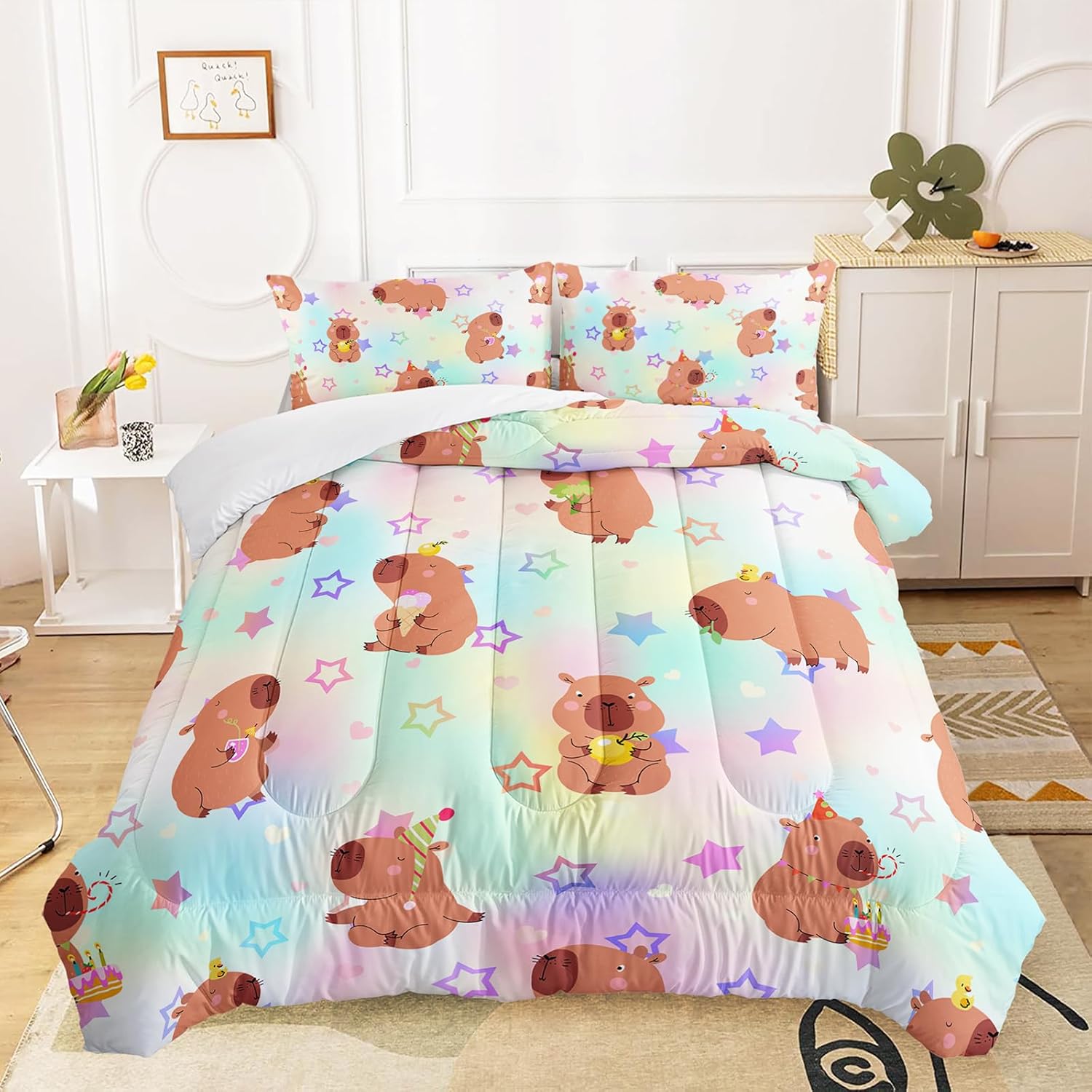 AILONEN Kawaii Capybara Comforter Set Full Size,Cute Cartoon Capybara Rainbow Bedding Set for Girls Kids,Lovely Animal Star Quilt & 2 Pillowcases-3 Pieces