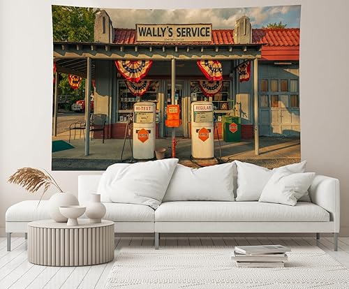 Miniatura 4 de Telón de fondo retro para gasolinera de 7 x 5 pies, estación de servicio de Wally, bombas de gas, bandera de Estados Unidos, flor, autopista, tienda