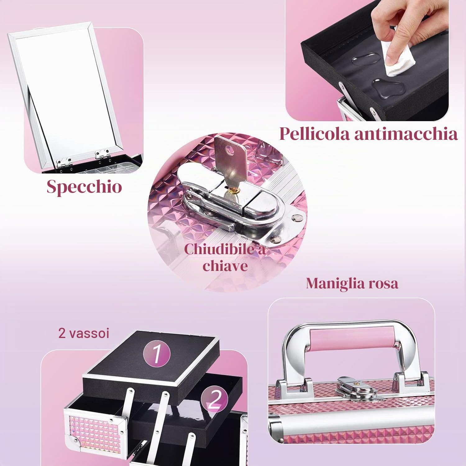 Valigetta Trucchi Beauty Case porta Trucco Valigia porta Trucchi Valigetta per Trucco Vassoi per Truccatore Custodia Cosmetica con Specchio, Rosa Olografico