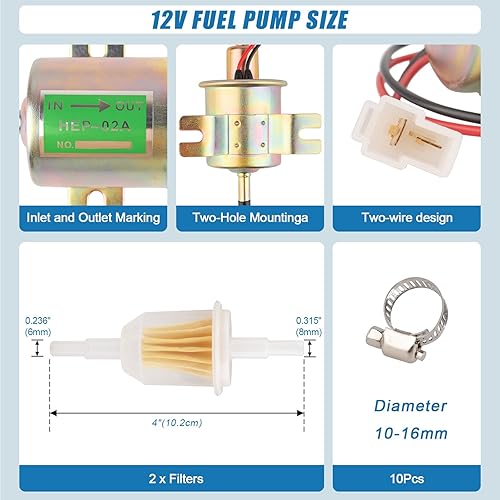 Miniatura 10 de Bomba de combustible eléctrica universal de 12 V, bomba de combustible de baja presión en línea 3-6 PSI para carburador, cortadoras de césped, motos