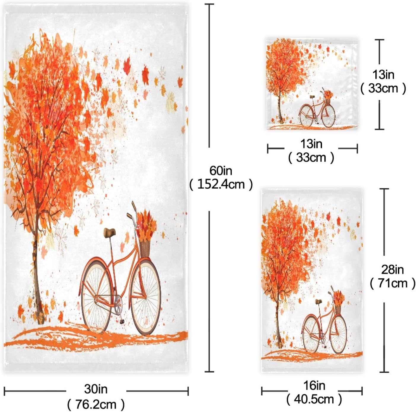 Towel Bathroom Sets, Autumn Fall Trees and Bicycle Towels 3-Piece 1 Bath Towel 1 Washcloth 1 Hand Towel, Thanksgiving Leaves Bath Towel Set of 3 Soft Multifuntion for Home Kitchen Hotel Gym Swim Spa