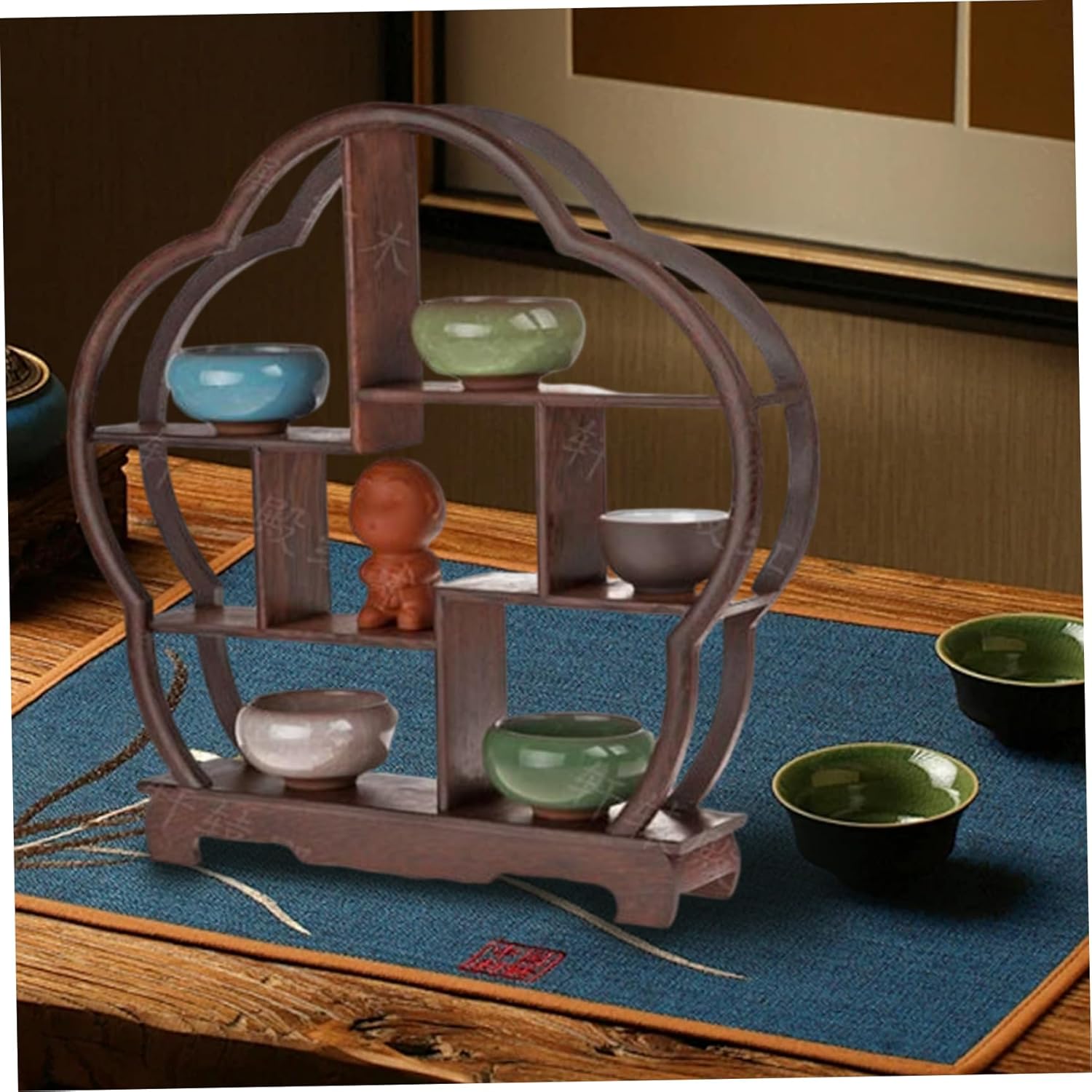 Curio Shelf, 12 Inch Plum Shape Hollow Carving Wooden Display Stand Chinese Style Miniature Bonsai Shelf for Collectibles