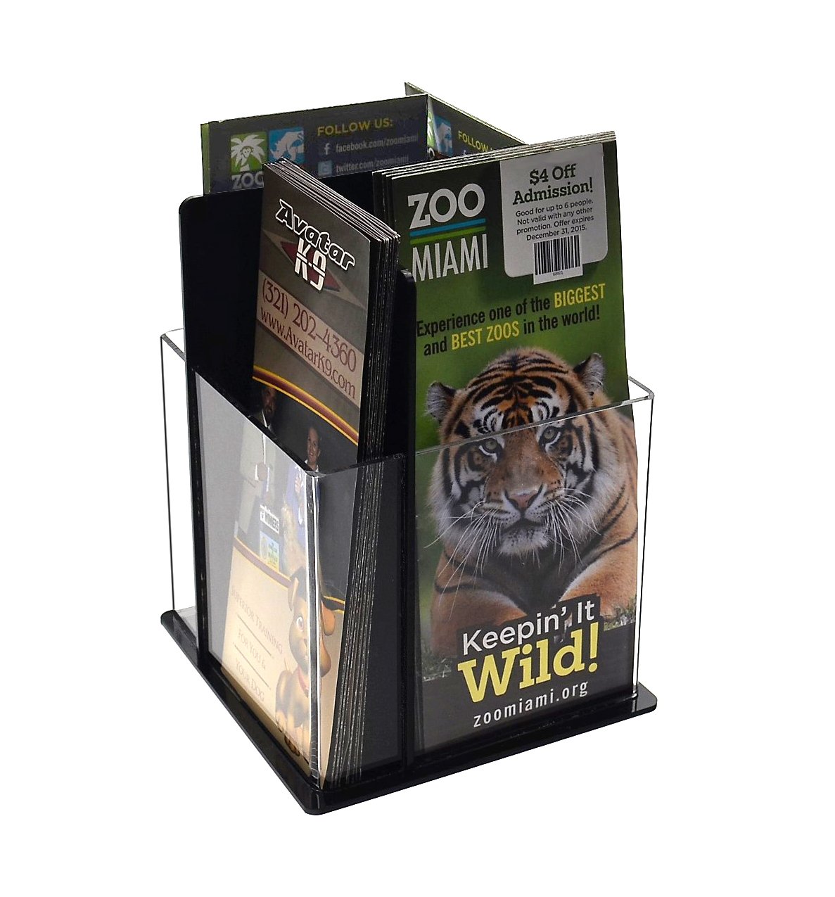 Marketing Holders Rotating Brochure Holder for 4 Inch Wide Trifolds 4 Pocket Clear and Black Acrylic Spinning Countertop Organizer for Rack Cards and Takeout Menus