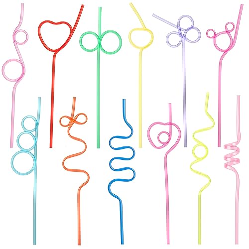 Soledea 12 Pcs Crazy Silly Straws for Kids &Adults,Reusable Plastic Loop Curly Drinking Straws for Valentines Day Gift Christmas Birthday Wedding Party Supplies Decoration - Crazy-12 PCS
