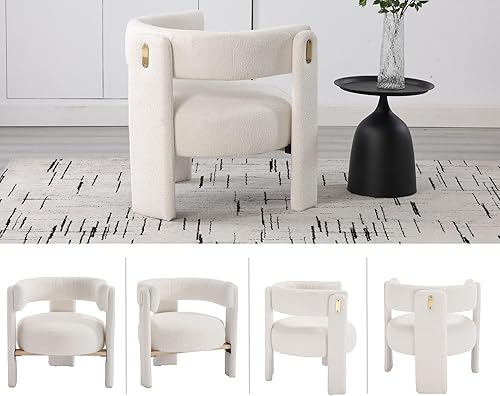 Miniatura 6 de White Boucle Barrel - Silla decorativa de barril, cómoda silla tapizada para sala de estar, silla de lectura moderna de mediados de siglo con