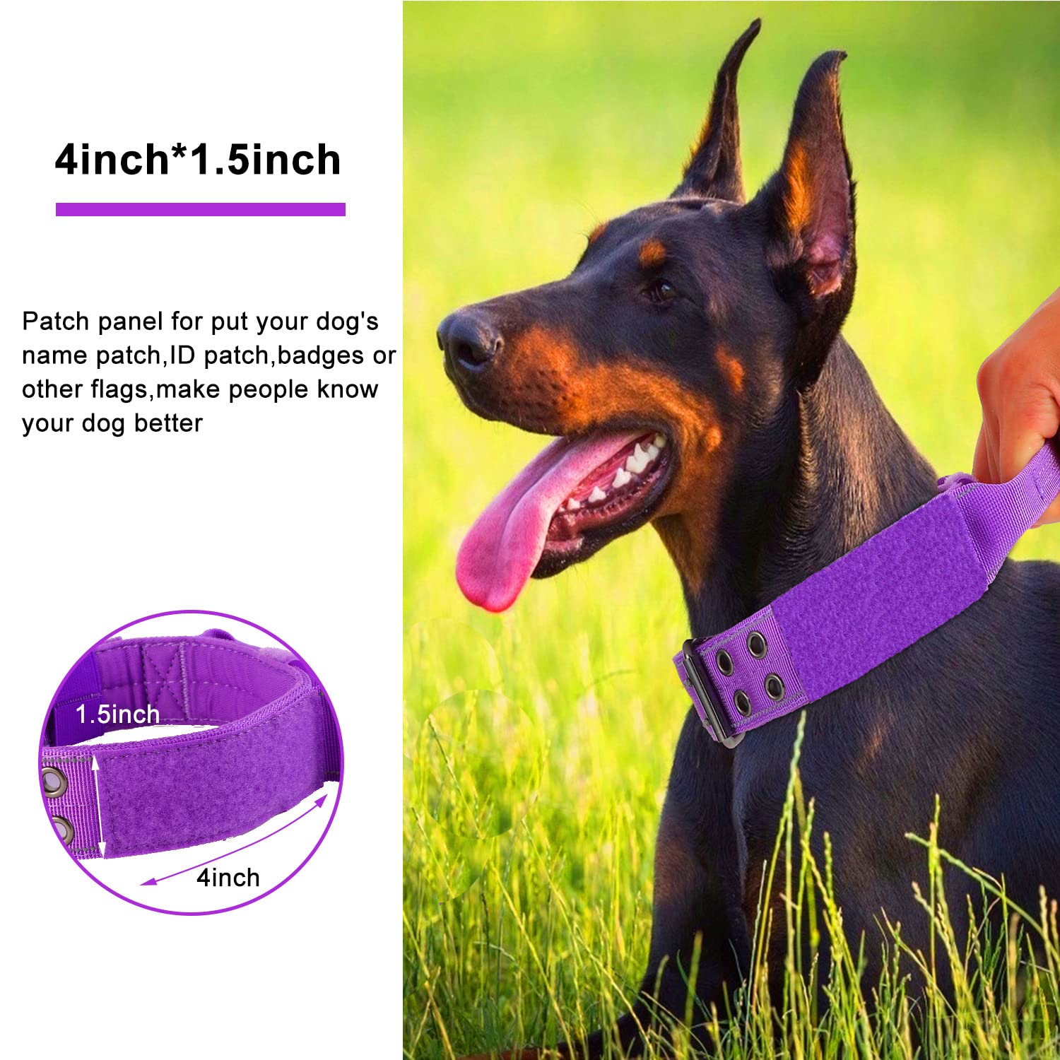 Collar táctico para perros grandes, collar reflectante resistente con mango de control y hebilla de metal para entrenamiento de perros (tamaño grande, morado)