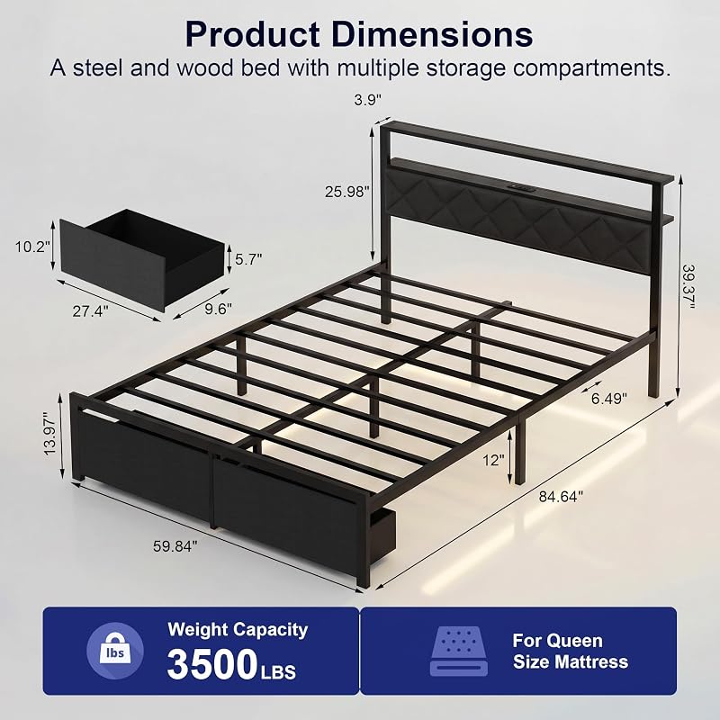 Queen Bed Frame with LED Lights, Charging Station & 2 Storage Drawers, Metal Platform with Upholstered Headboard, No Box Spring Needed, Easy Assembly image 2