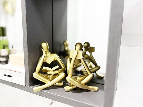 Miniatura 5 de Estatua de pensador de lectura dorada de 2 piezas, figuras modernas, escultura estética abstracta, juego de estatua de resina para decoración del