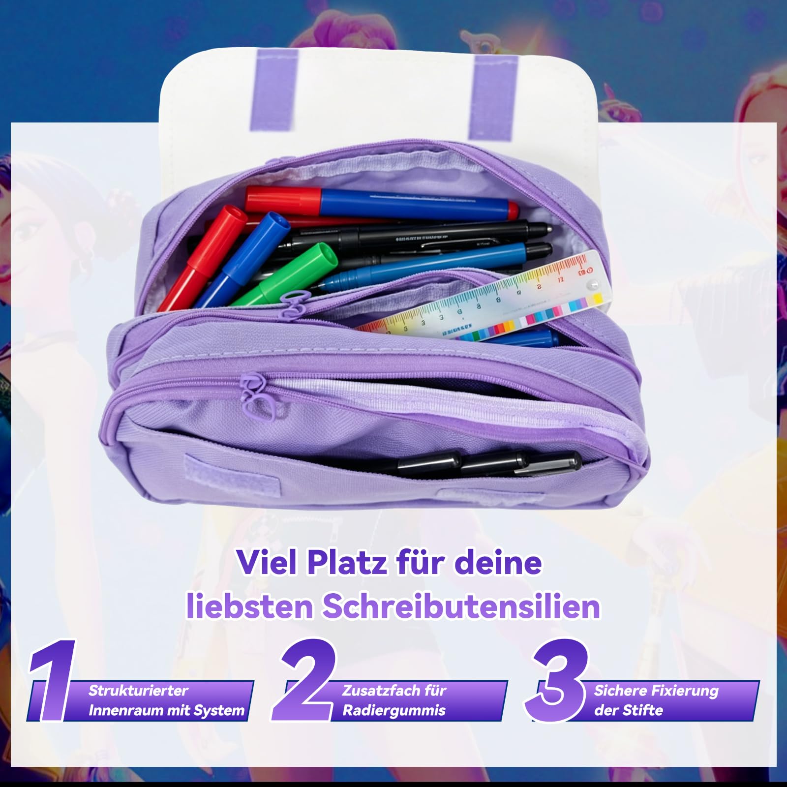 Estuche para niñas, estilo pop coreano, moderno, con diseño de Huntrix, estuche con compartimentos, para la escuela y el ocio, niños y adolescentes, púrpura-blanco, Federmäppchen Klein