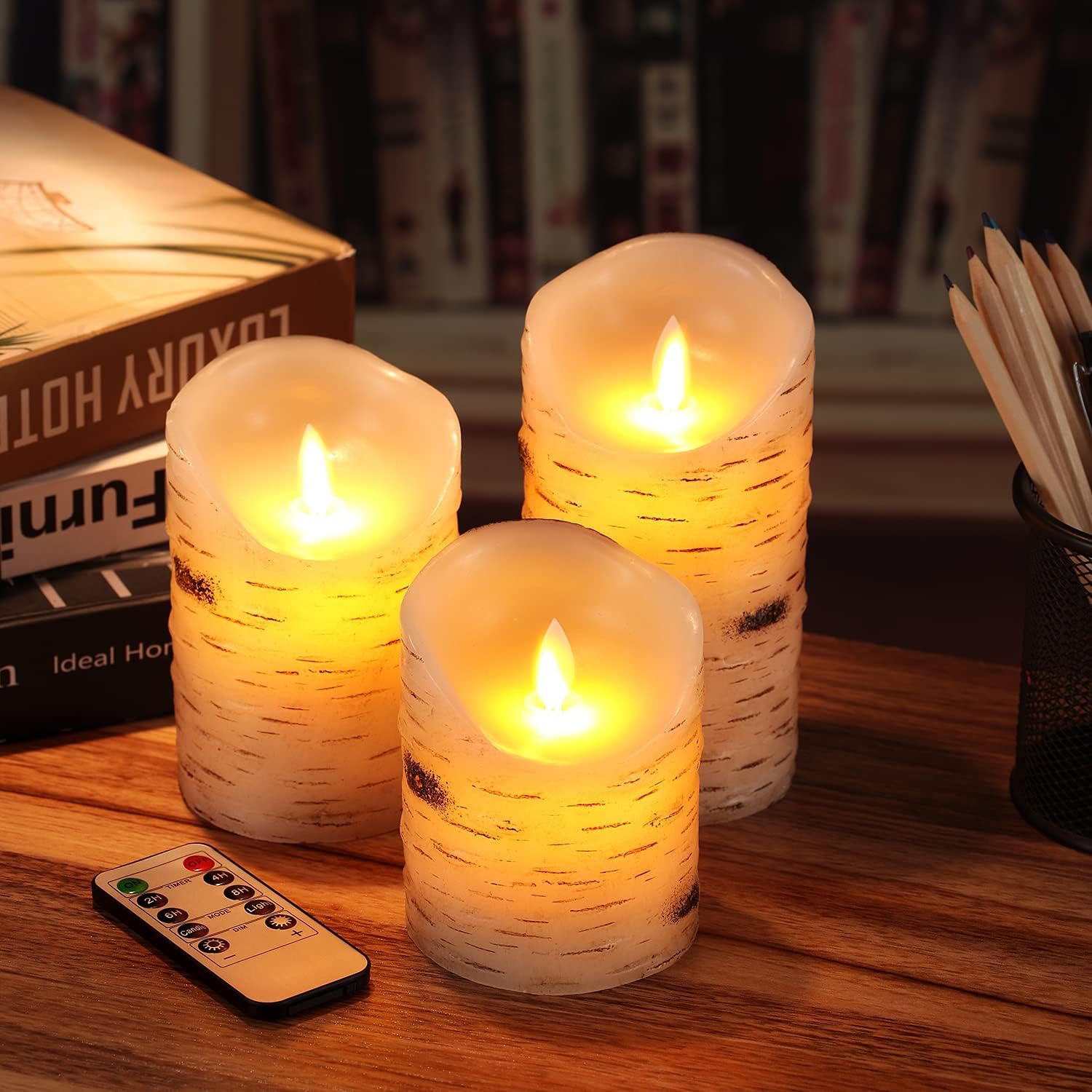 Flameless Candles LED Candles Set of 3 (D 3.25" x H 4" 5" 6") Ivory Real Wax Pillar Birch Bark Effect Battery Operated Candles with Dancing LED Flame 10-Key Remote Control and Cycling 24 Hours Timer : Tools & Home Improvement