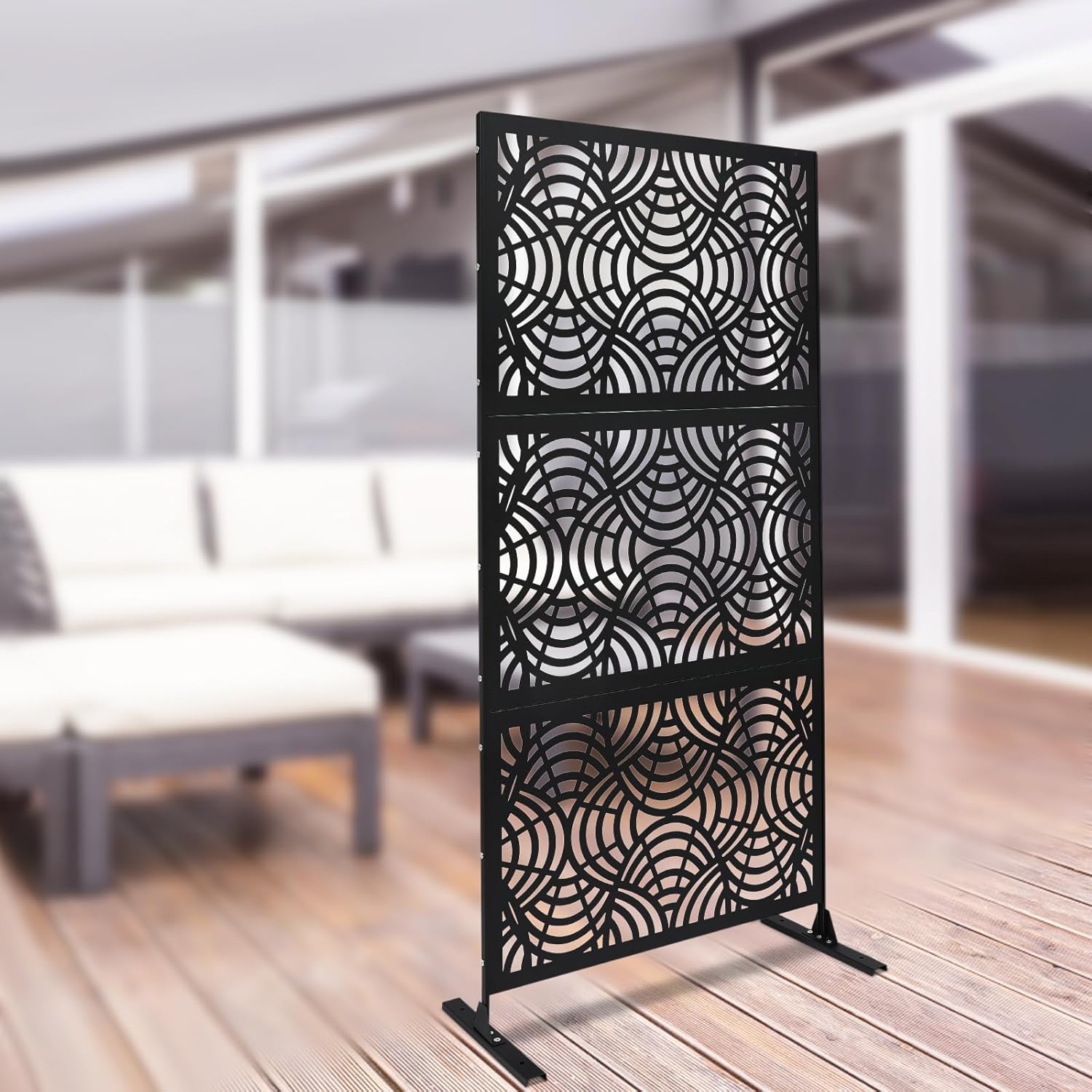 3 Ft W X 6 Ft H Decorative Privacy Screen with Stand, Outdoor Decor Privacy Fence Screen Metal Fence Panels, Standing Metal Divider (Fan-Shaped Pattern/Black)