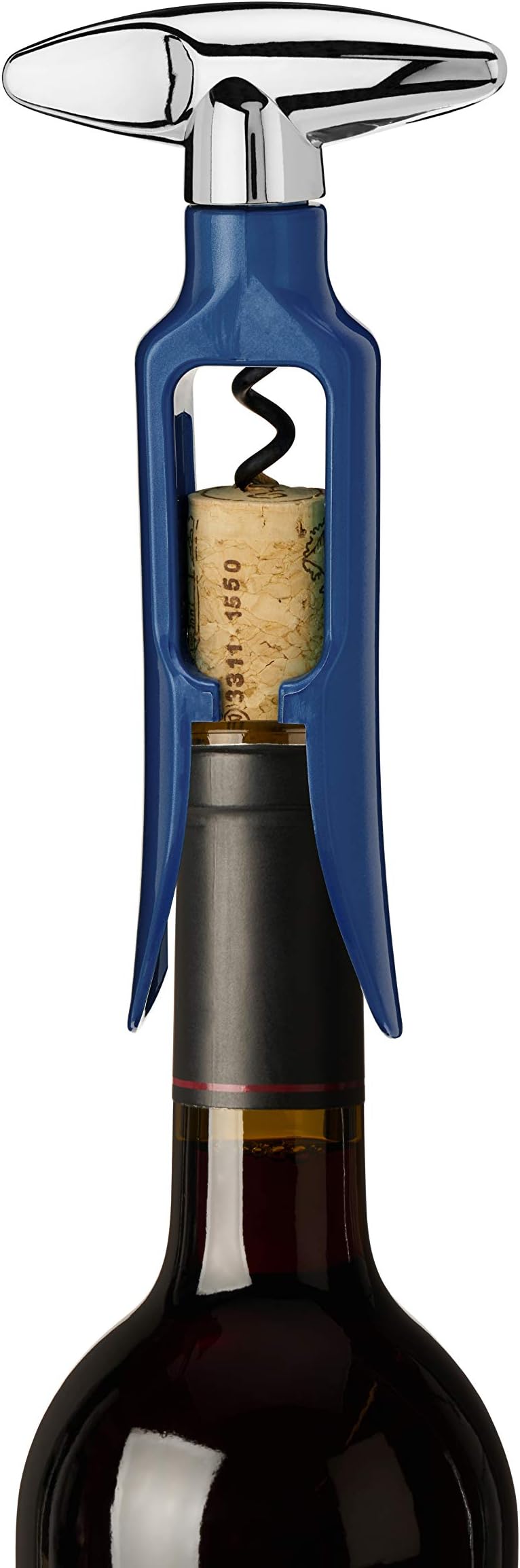True Twister Self Pulling Wine Opener Manual, Heavy Duty Metal Chrome and Plastic Corkscrew, Cork Openers, Home Bar Accessories, Set of 1, Blue