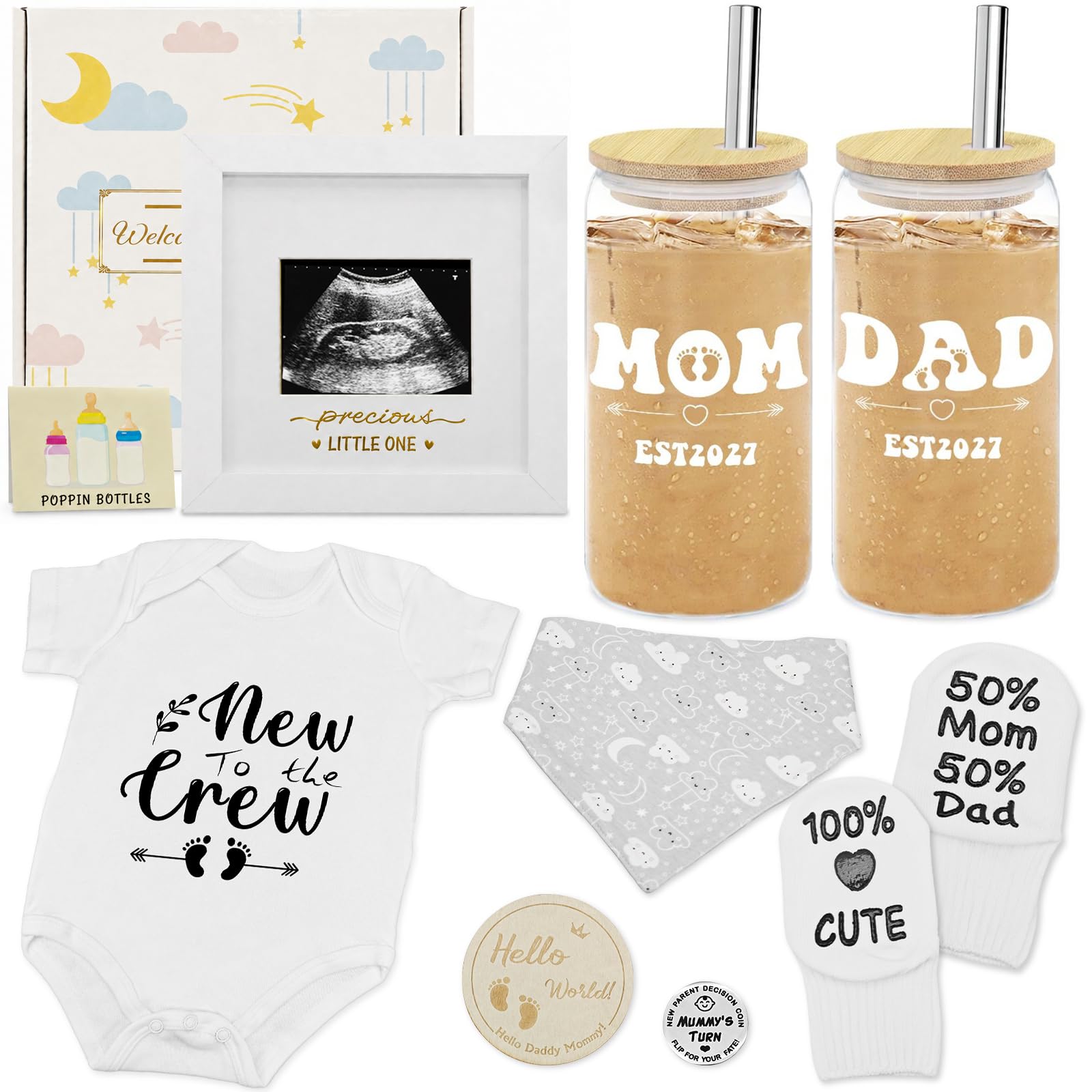 Juego de regalos para nuevos padres para parejas, regalos de revelación de género con vasos de vidrio para mamá y papá, cesta de regalo de embarazo para nuevos padres, anunciantes de embarazo