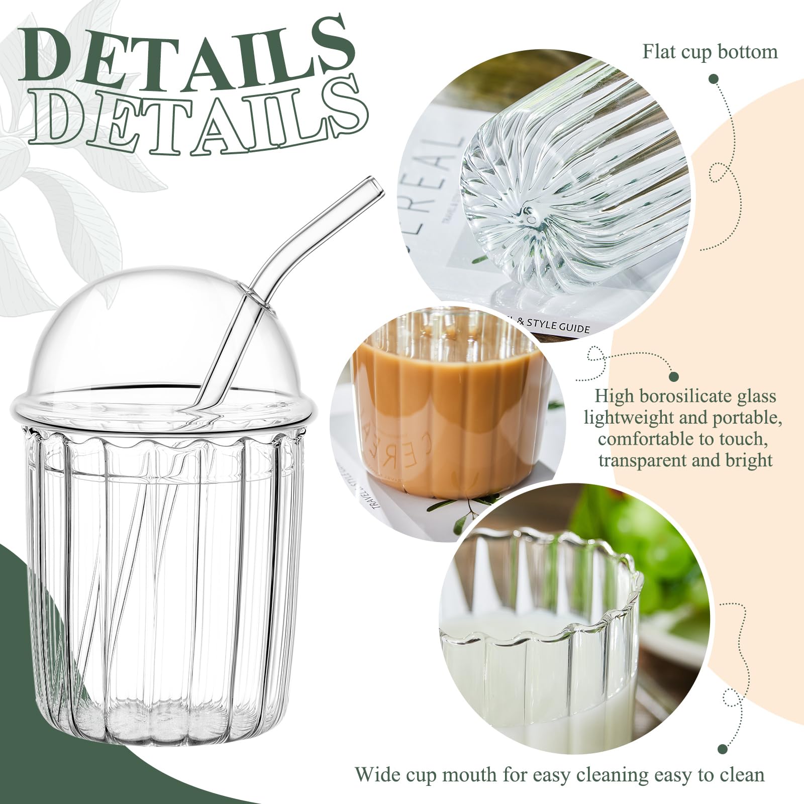 Layhit Lot de 2 gobelets à smoothie avec couvercles et pailles réutilisables – 445 ml – Tasse à café glacé – Tasse à thé à bulles avec couvercle en verre à paille – Gobelet avec couvercle dôme et